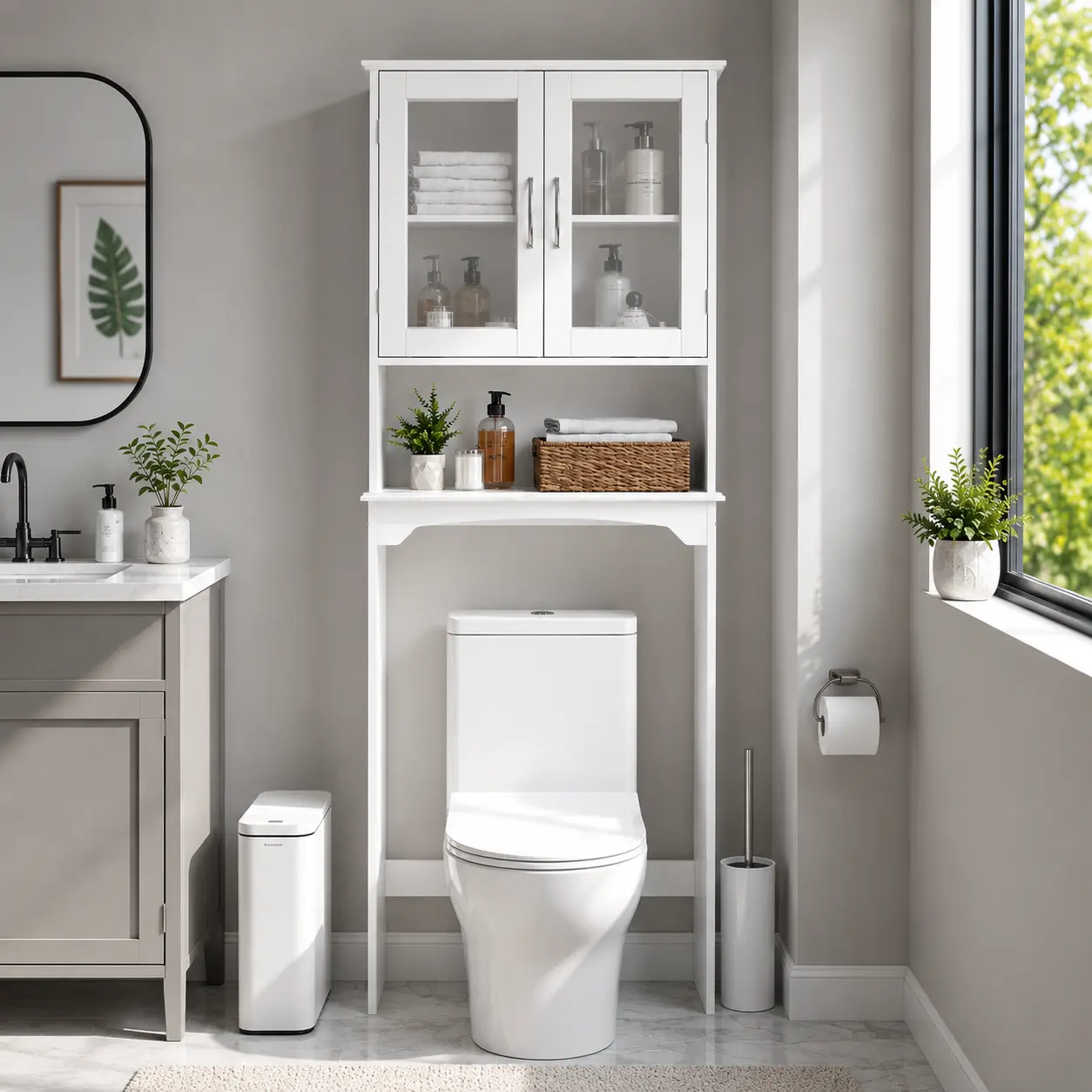 Costoffs Modern Over-The-Toilet Storage Cabinet, Space-Saving Indoor Bathroom Cupboard with Adjustable Shelf, Tempered Glass Doors, Open Shelf, White Unit for Bathroom Organizers