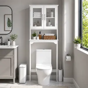 Costoffs Modern Over-The-Toilet Storage Cabinet, Space Saving Furniture – White Bathroom Cabinet with Adjustable Shelf, Tempered Glass Doors, Open Shelf