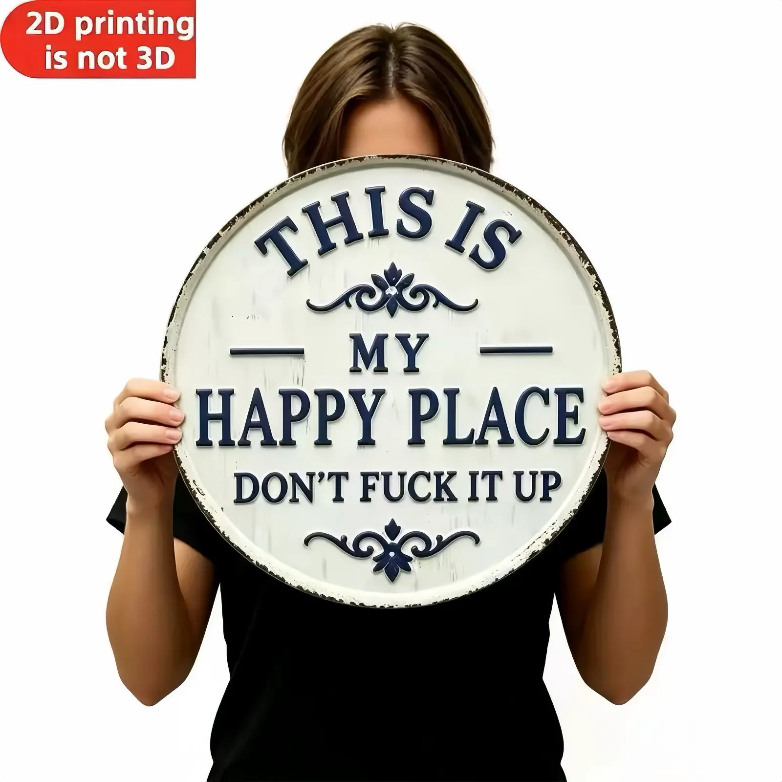 Round Metal "This Is My Happy Place Don't Mess It Up" Sign, Farmhouse Room Decor for Humor Lovers, Front Door Welcome Plaque, 8x8in/12x12in Home Office Kitchen Decor,dorm decor,dorm room decor