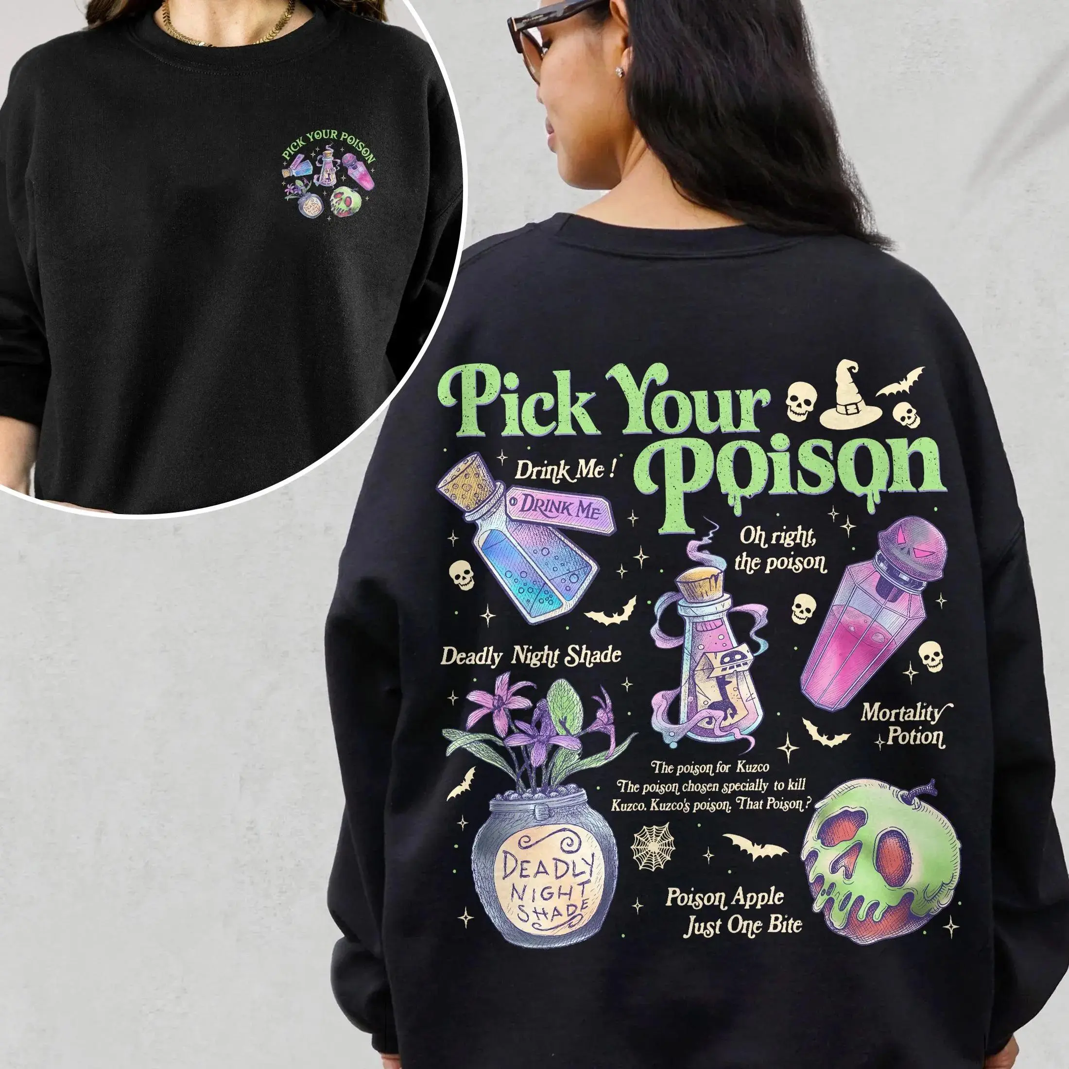 Pick Your Poison Two Sided Vintage Sweater, Princess Halloween Sweatshirt, Kuzco Poison Apple Hoodie, Spooky Season, Villain Cartoon