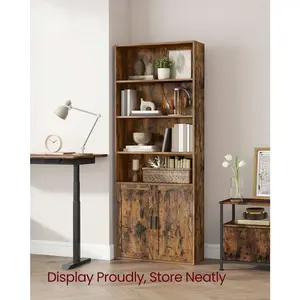 6-Tier Tall Bookcase with Doors, 9.4" D x 23.6" W x 68.9" H, Brown Wood Storage Shelf with Adjustable Shelves & Anti-Tip Kit, for Living Room, Home Office & Dining Room