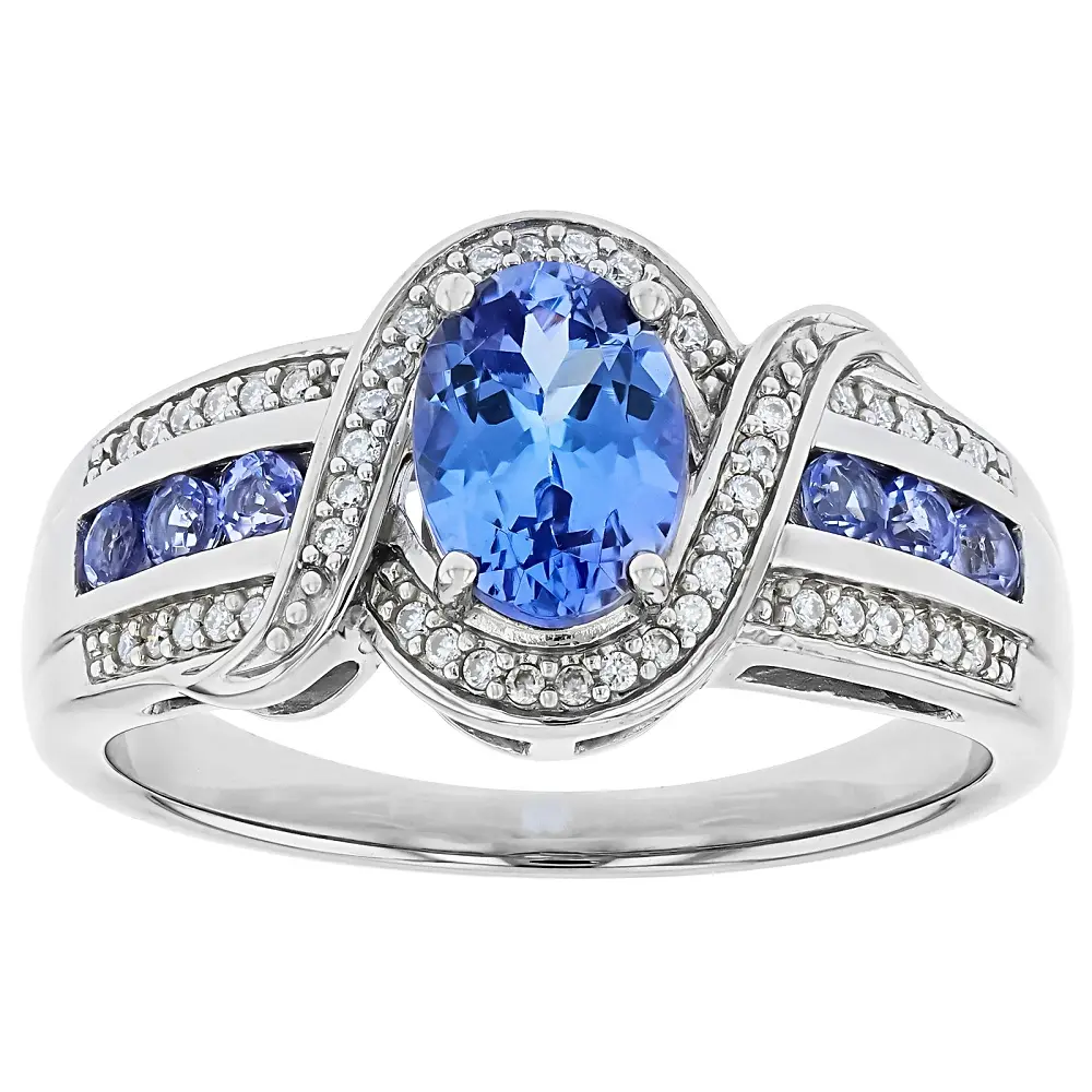 Semiprecious Gemstone Set Ring, Classic Oval 1.11ctw Blue Tanzanite with 0.04ctw White Moissanite in Platinum Overlay Silver, Not Sizeable, 0.87"L x 0.4"W, Round White Moissanite, Classic Semiprecious Stone Rings, Tanzanite Moissanite