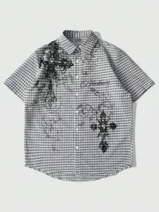 Men's Y2K Gothic Cross Print Plaid Short Sleeve Shirt Black White Checkered Button Down Casual Top For Streetwear Daily Wear