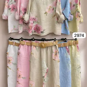 Carolina Floral Linen Set 2974 - Wide-Leg Pants & Long Sleeve Top with Round Neckline Adjustable Sleeves Made in Italy One Size Fits Small to Large