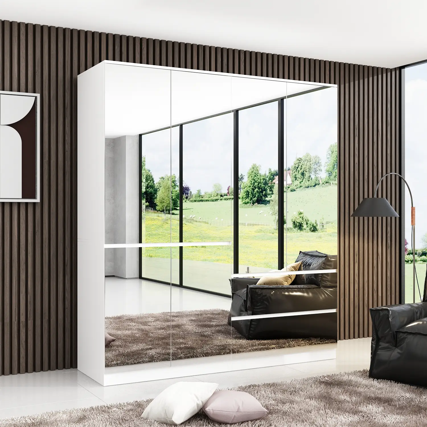 FUFU&GAGA 3 Types Mirror Wardrobe Armoire with Drawers, Full Length Glass Mirrors, 2 Smooth Sliding Drawers & Hanging Rod for Bedroom Storage