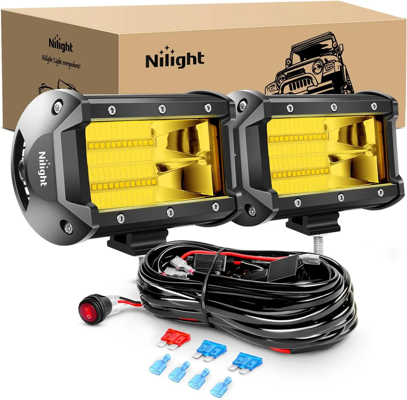 Nilight Led Light Bar 2PCS 5Inch 72W 10800Lumens Yellow Flood Beam Fog Driving Lamps Off-Road Lights with 16AWG Wiring Harness Kit-2 Lead harness kit-2 light pod fog boat  Vehicle  dealsforyoudays, Led Work Light, Waterproof