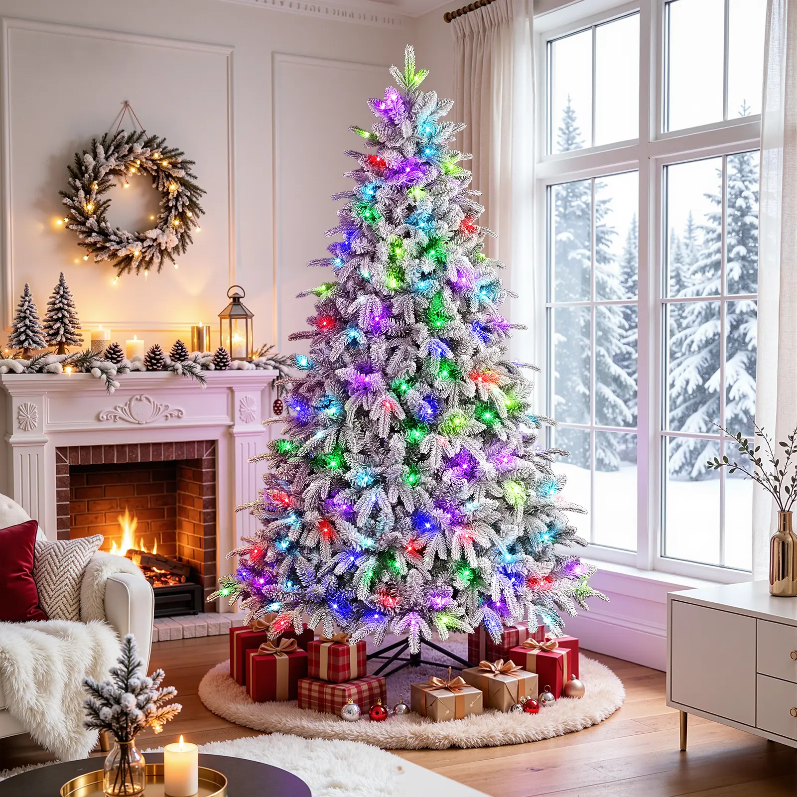 2026 Upgraded 4/5/6/7.5/8/9FT Snow-Flocked Cedar Christmas Tree with Pre-Lit Multi-Color RGB Lights, Full Snow-Covered Branches & Lush Realistic Design