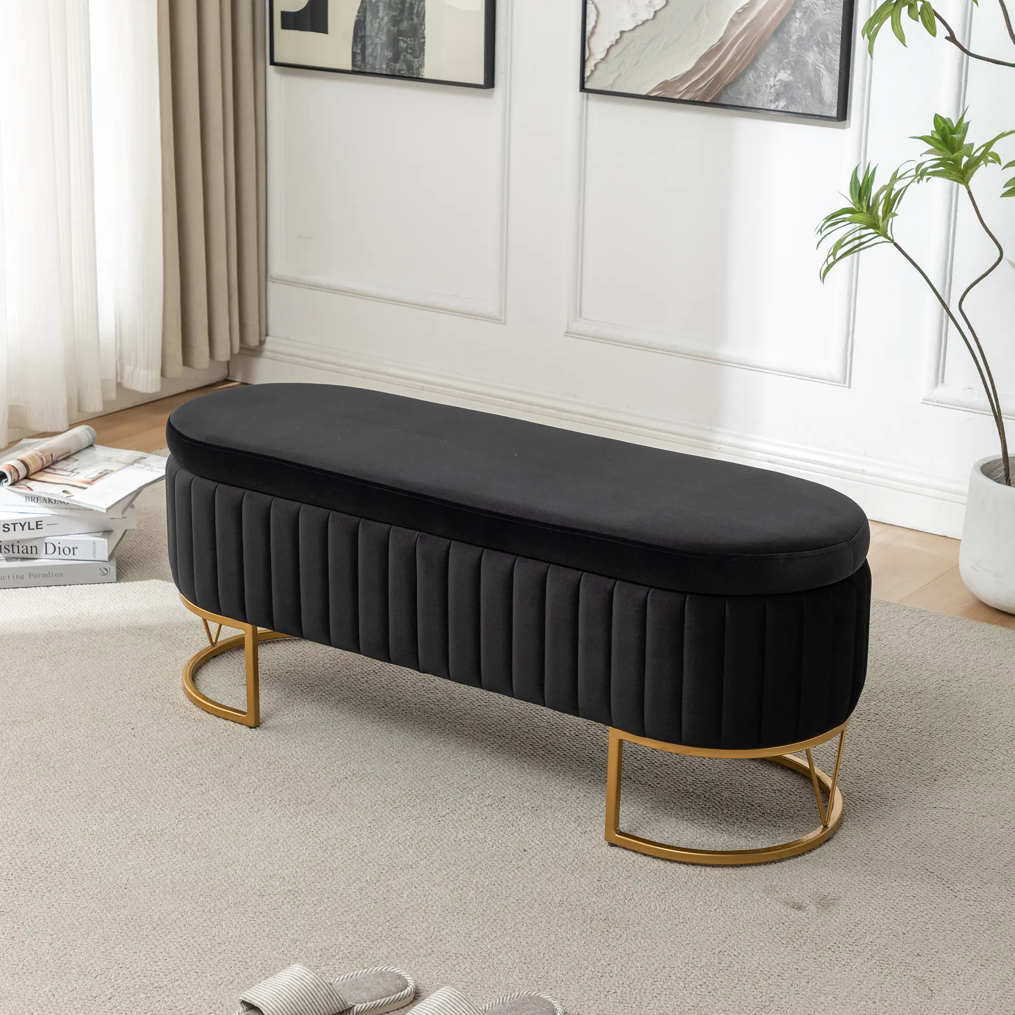 Velvet Oval Upholstered Storage Bench with Golden Metal Legs, Modern Ottoman for Bedroom, Living Room, Entryway, Window, Black