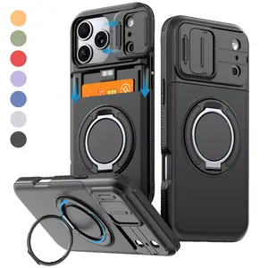 iPhone Wallet Case with Camera Lens Cover, Rotating Ring Stand, Heavy Duty Shockproof Card Holder Phone Case for iPhone 12/13/14/15/16/17 Pro Max Plus Air