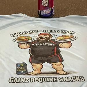 TeamFatGuy Hydration Energy Drink T-Shirt with Gainz Require Snacks Design and Welch's Grape Juice Can