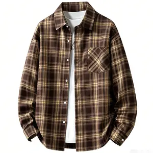Men’s cotton–polyester blend classic plaid button-down shirts; oversized long-sleeve loose-fit checkered shacket with a single chest pocket; casual lightweight shirt jacket for everyday street and outdoor wear