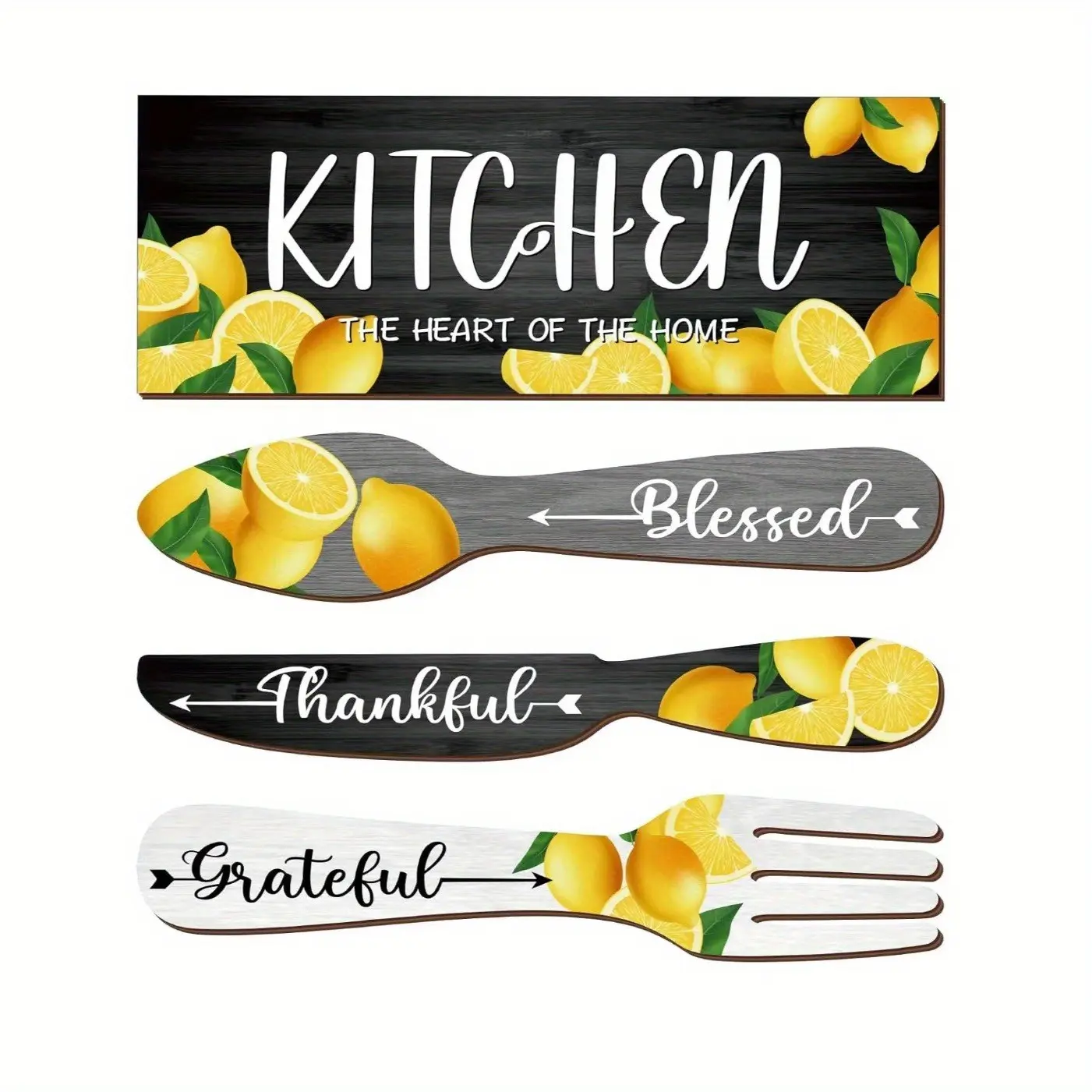 4-Piece Lemon Kitchen Decor Set, Fork & Spoon Summer Lemon Wood Wall Hanging Art, Aesthetic Wall Decor, Wall Mounted Decor, Leaf Design, Rustic Farmhouse Style, Restaurant Home Decoration, Home Ornaments, Home Decor Products