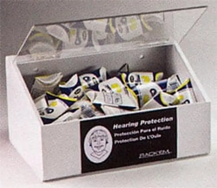 Heavy-Duty White Plastic Ear Plug Dispenser and Hearing Protection Organizer, Wall Mountable with Lid and Slip-Resistant Base, 60-Pair Capacity, Organiser, Durable, 3.5"H X 9"W X 6"D, Water, Rubber