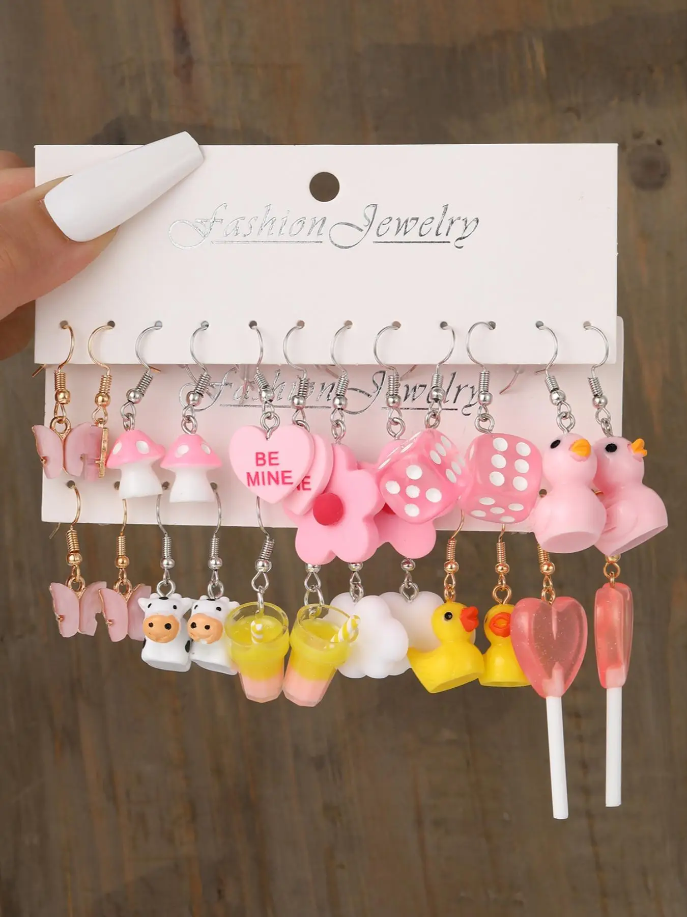 12 Pairs/set Cute Heart & Flower & Cartoon Duck & Butterfly & Cow & Heart & Mushroom & Dice & Drink & Lollipop Design Dangle Earrings, Fashion Jewelry