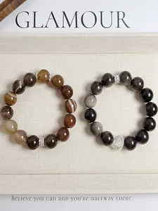 Natural Obsidian Silver Color Beaded Bracelet, Original Design High-End Unisex Jewelry, Boho Style All Season Accessory