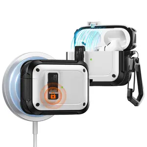 Toocki full-cover anti-fall headphone protective case for AirPods pro/pro2 black/white dynamic mecha design one-piece opening with carabiner charging without hindrance