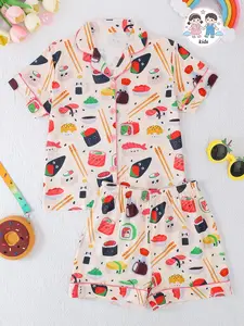 Fire Retardant Pyjama Set, Short Sleeve Button Front Cardigan and Shorts, Cartoon Food Sushi Print, Unisex, All Seasons