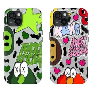 Street-style cartoon graffiti phone case | KAWS Sesame Street heart-shaped cow print letter full-coverage protective case, compatible with iPhone 17/16/15/14/13/12/11 Pro Max/Plus and Samsung Galaxy S23FE/22/23/24/25