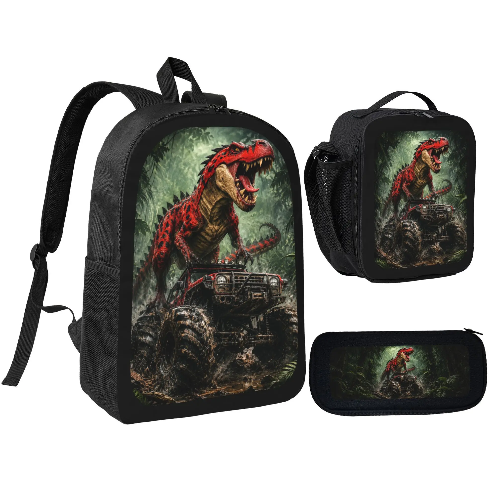 Dinosaur T-Rex Backpack Set 3 in 1, Kids Tyrannosaurus Print School Backpack with Insulated Lunch Bag & Pencil Case, Lightweight Bookbag for Boys, Elementary School Daily Travel Outdoor Gift Set