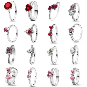 Valentine's Day Gift Pink Bow&Red Heart 925 Silver Elegant Ring Exquisite Women's Jewelry Ring Wedding Party