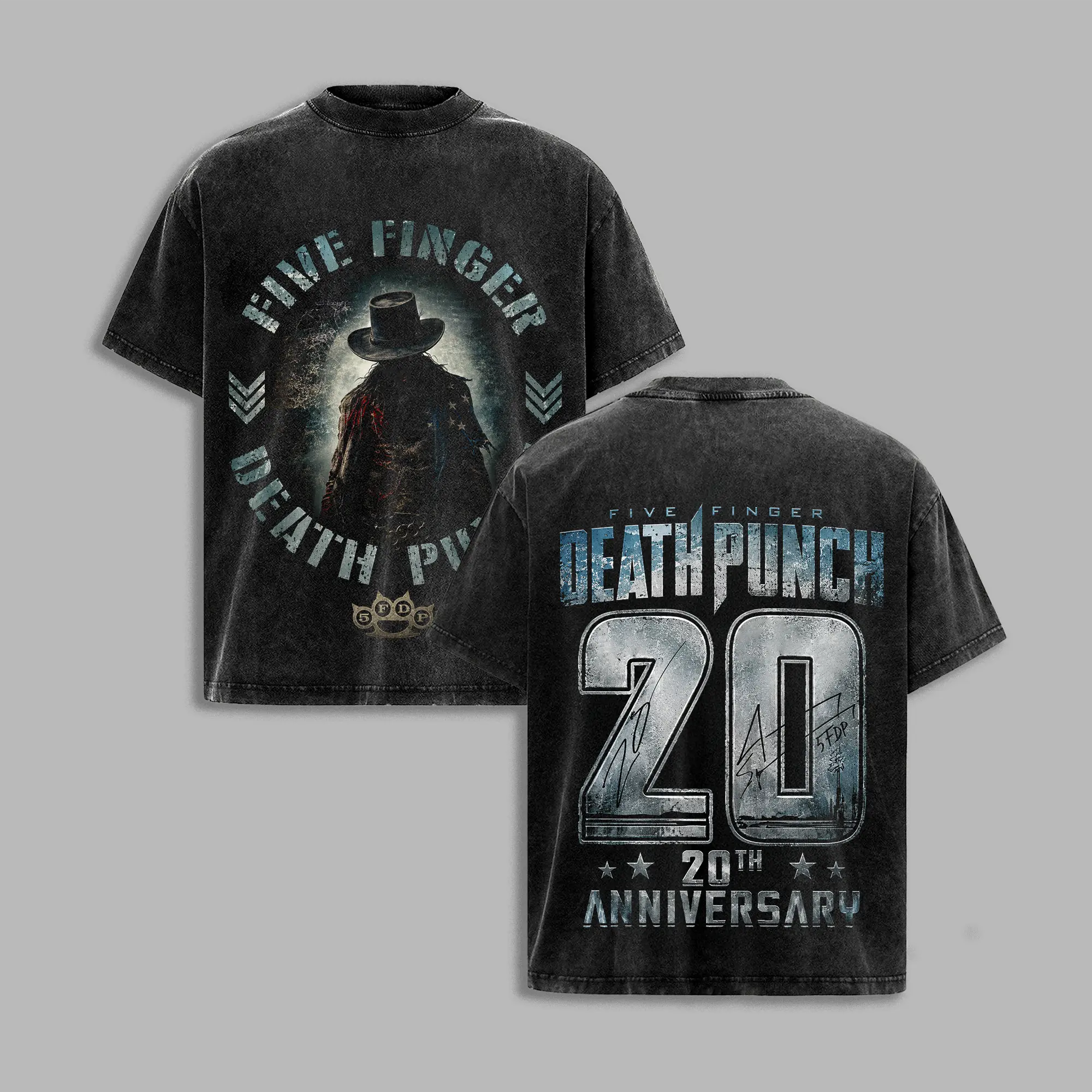 Five Finger Death Punch 20th Anniversary Vintage Washed T-Shirt, FFDP Double Sided Graphic Tee, Heavy Metal Band Shirt, Rock Concert Merch, Unisex Fan Gift
