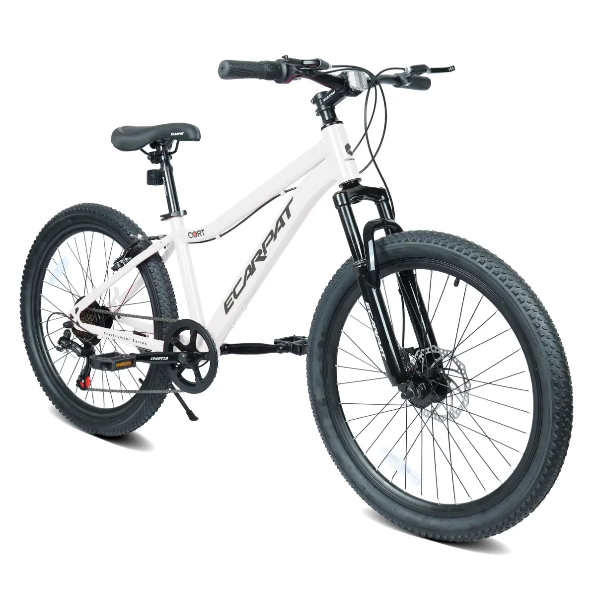 Modern White Mountain Bike for Teens, 24 inch Bike for Beginners with a Twist Shifter, Shock-Absorbing Fork, Front Disc Brake, and Knobby Tires for Trails, Youth, Adjustable, Dual Brakes, 24-Inch Frame, 7-Speed, All-Terrain Tires, Ergonomic, Steel Frame,,