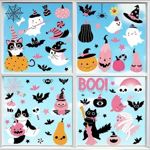 9 Sheets Halloween Window Stickers, Cute Ghost Pumpkin Bat Designs, Cartoon Dual-Sided Window Decals for Home Office Party Decorations