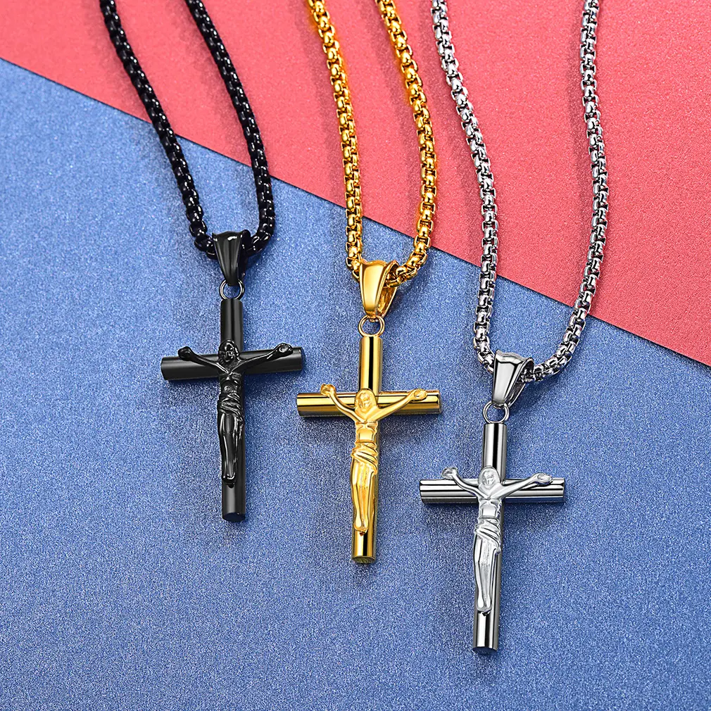 FaithHeart Retro Stainless Steel Crucifix Cross Pendant Necklace for Men and Women, Christian Prayer Amulet with Adjustable Chain Length, Pendant Length, Crucifix Necklace For Women