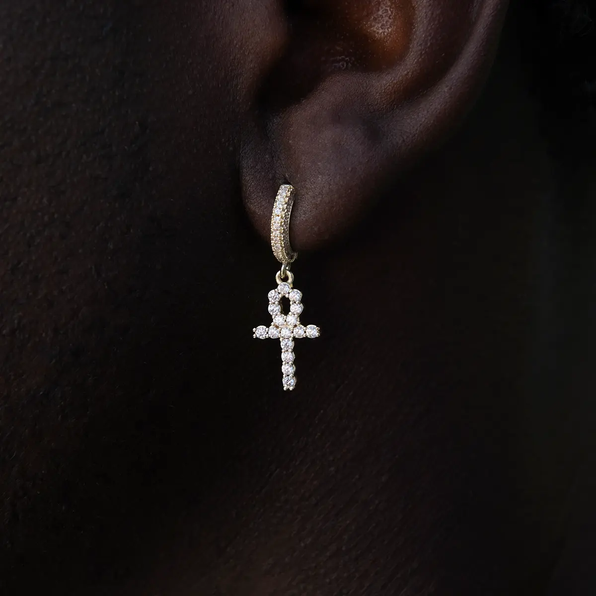 GLD Iced Ankh Cross Huggie Hoop Earrings in Yellow Gold - Perfect Gift