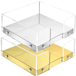 Modern Napkin Holder for Kitchen & Dining Tables, Clear Acrylic and Shiny Metal Base for Kitchen & Dining Room Décor - Gold or Silver
