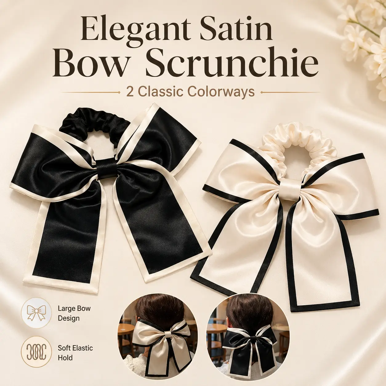 Women's Oversized Contrast Trim Satin Bow Scrunchie - 2 Classic Black, Ivory Colorways, Soft Silk Hair Tie with Elastic Hold, Elegant Large Bow Accessory for Wedding, Daily Use Gift