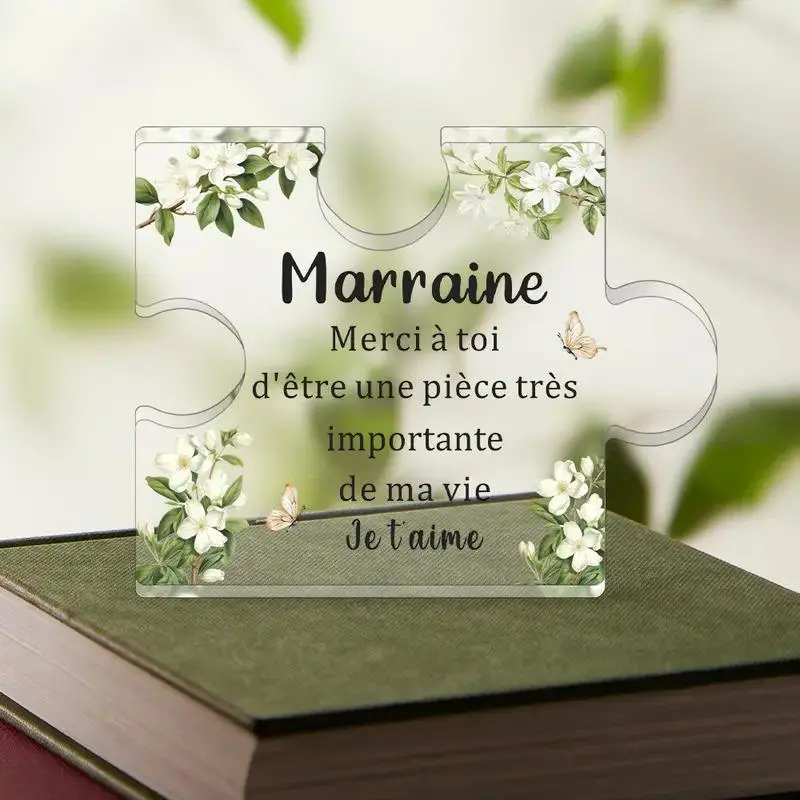Flower & Leaf Pattern Acrylic Puzzle Shaped Ornament, 1 Count Marraine French Godmother Gift, Table Centerpiece Sign Decoration, Home Office Desk Decoration