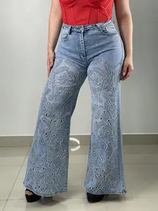 Rose Floral Rhinestone Wide Leg Jeans