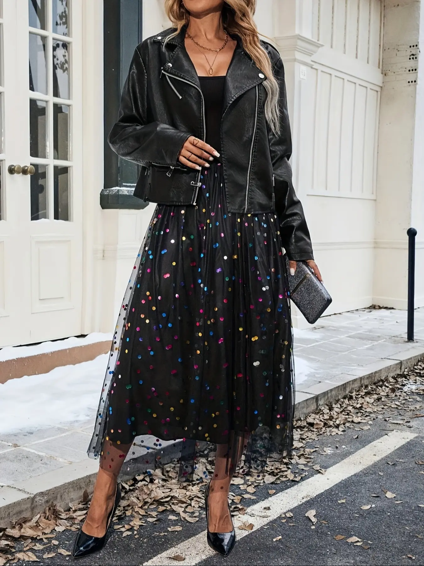 Colorful Polka Dot Mesh Skirt, Womenswear Bottoms High Waist Slimming Fit Midi  Dress, Sequin Design, A-Line Flared Hem, Versatile Lady Fairy Dress Casual  Wear for Dates and Commuting