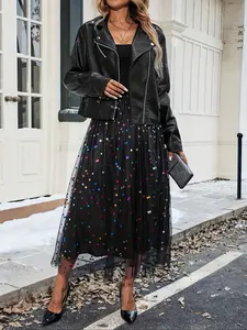 Colorful Polka Dot Mesh Skirt, Womenswear Bottoms High Waist Slimming Fit Midi Dress, Sequin Design, A-Line Flared Hem, Versatile Lady Fairy Dress Casual Wear for Dates and Commuting