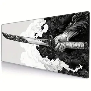 Extended Gaming Mouse Pad with Japanese Samurai Sword Design, Extra Large, Stitched Edges, Washable