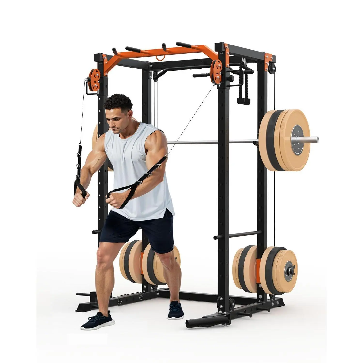 Power Cage - Premium Squat Rack with Cable Crossover System, 2000LBS Capacity, LAT Pull Down & Pulley System for Home Gym Strength Training
