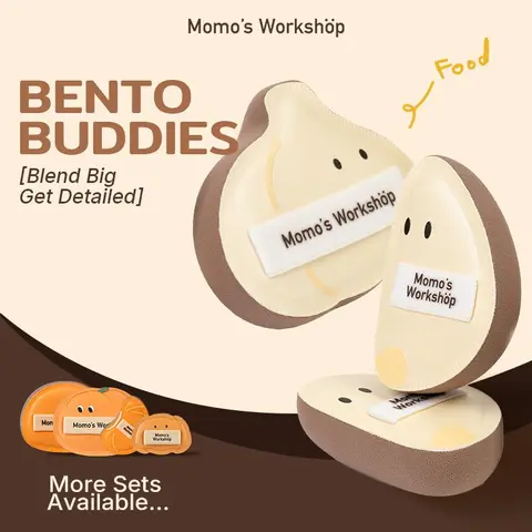Momo's Workshop Bento Buddies Trio Makeup Tool Set - Large Soft Bounce, Small Firm Bounce PU Leather Powder Puff, High-Density Foam Rubycell Blender (30% Less Absorption), Travel-Friendly Storage Box for Puff Foundation, Cream Products
