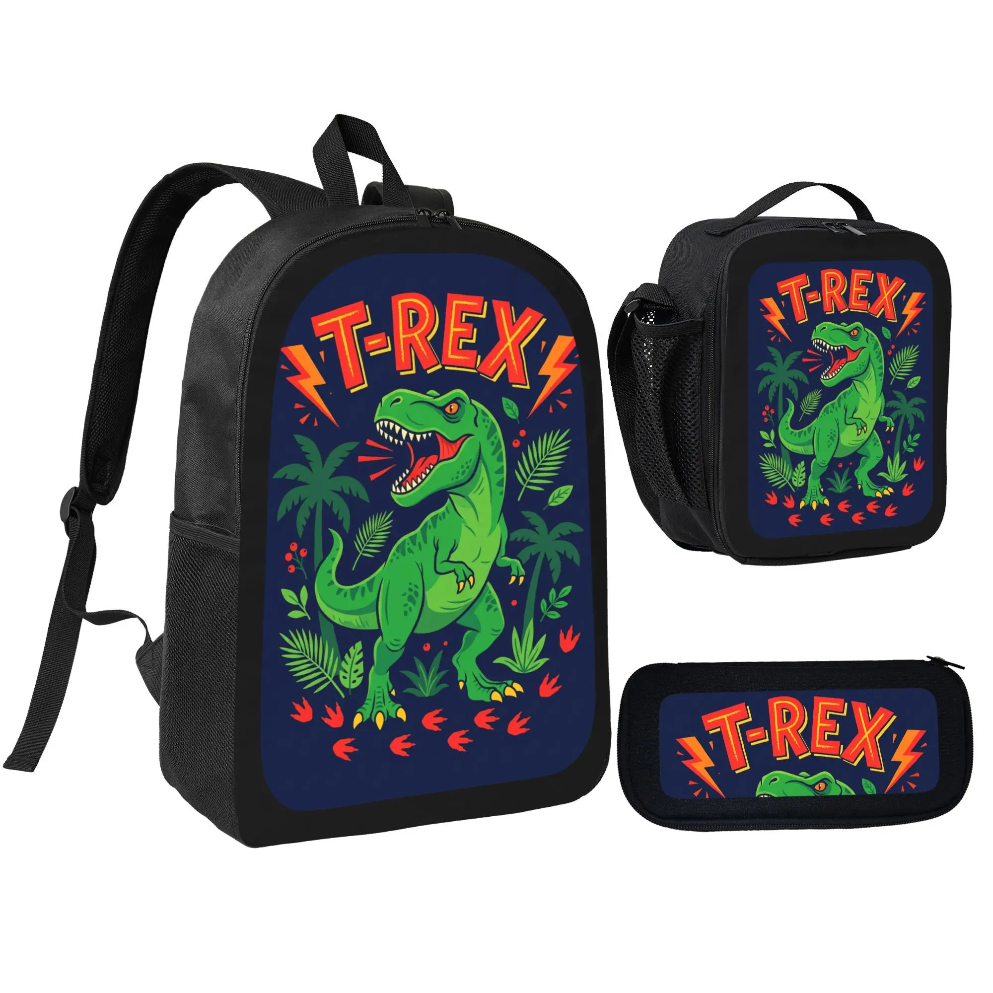 Kids Dinosaur Cartoon Printed Backpack Set, 3Pcs Waterproof Lightweight School Backpack with Insulated Lunch Bag & Pencil Bag, Roomy Multi-Pockets Bookbag for Kindergarten Primary School Boys, Daily School Travel Children Gift
