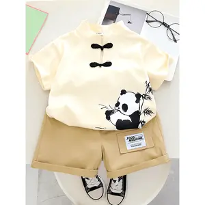 (New)New Summer Children's Chinese Style Short-Sleeve Set with Little Panda, Perfect for Outdoor