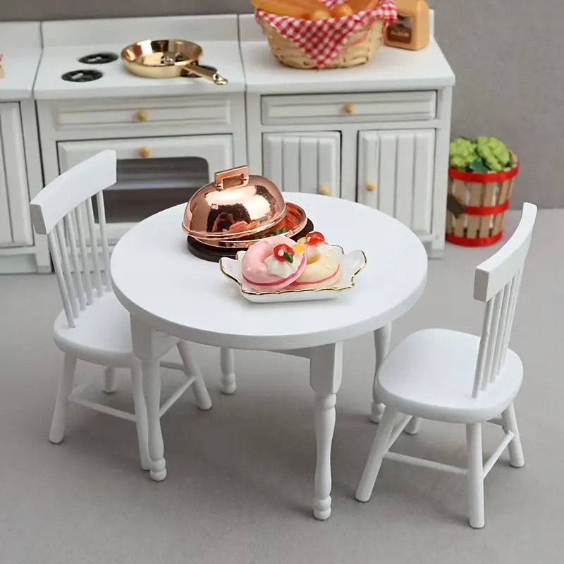 1/12 Scale Dollhouse DIY Miniature Doll House Accessory White Wooden Round Table Set Kitchen Pretend Play Set for Food Play Scene Model Christmas New Year Easter Gift