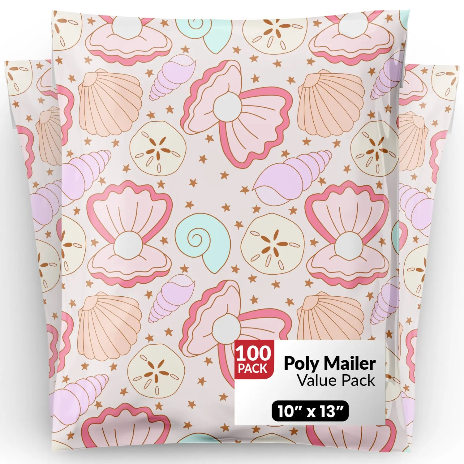 Package Mint Poly Mailers 10x13 - 100 Pack Coastal Seashells Design Poly Mailers Shipping Bags - Waterproof, Tear-Resistant, Self-Adhesive Seal - Decorative Mailing Bags for Clothes, Accessories