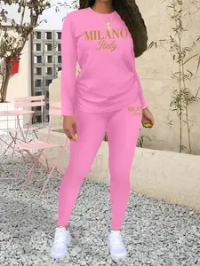 MILANO Letter Print Women's Casual Sportswear Two-Piece Set, Fashionable Long Sleeve Top & Tight Pants, Fall & Winter