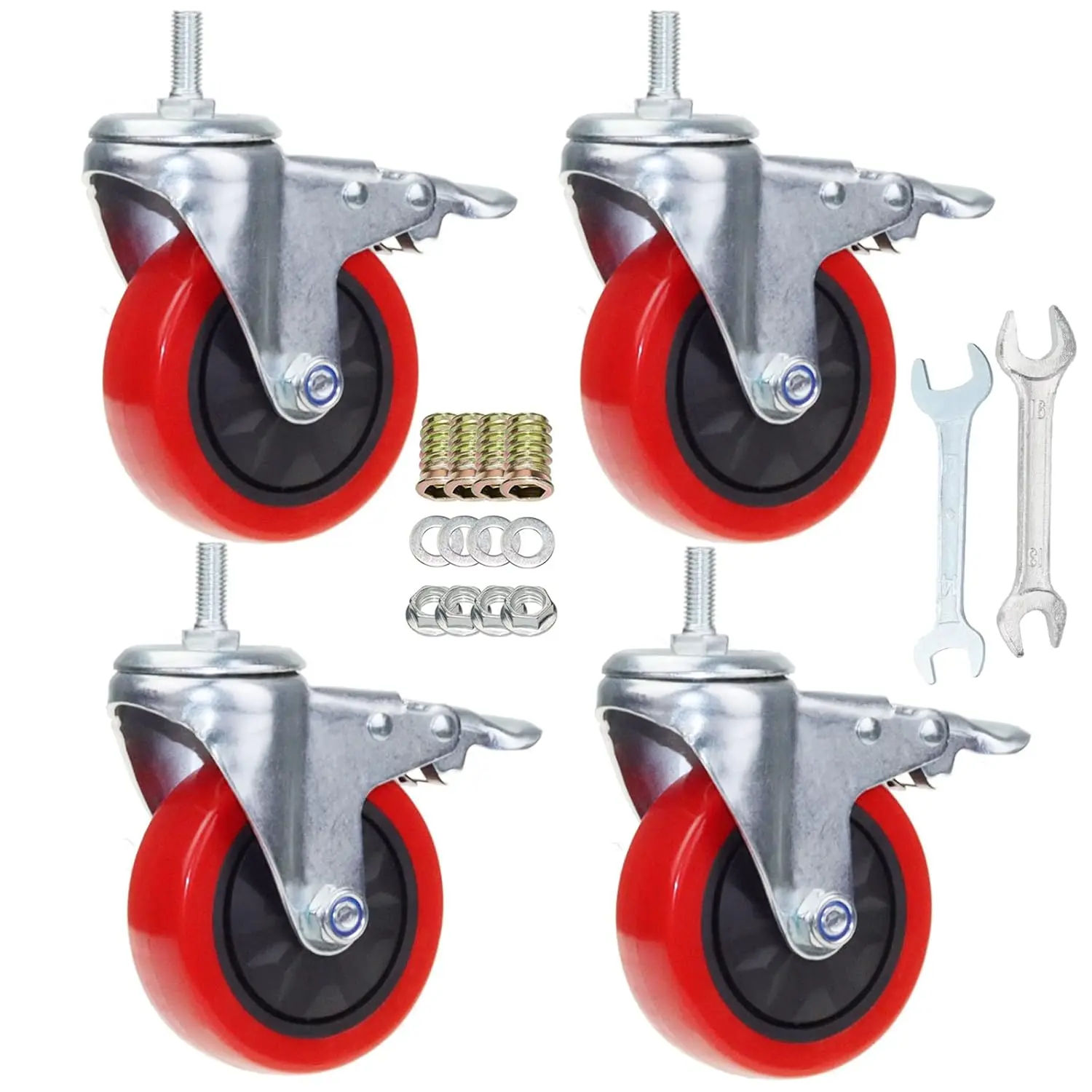 Heavy Duty Stem Caster Wheels M10-1.5X25mm Dual Locking No Noise PVC Threaded Stem Caster Wheels Pack of 4 for Workbench, , Furniture (4 Inch, Red)