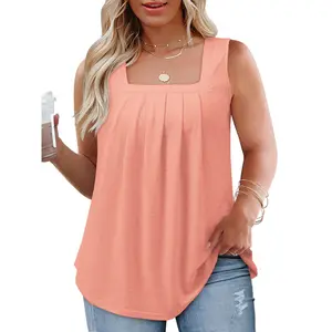 ROSRISS Lady Women's Plus-Size Basic Spandex Tank Tops - Casual Sleeveless Square Neck, Loose-Fitting Minimalist Flowy Rayon Jersey Tunic Shirts with Pleated Plain Fabric, XL-5XL 1076 Oversize Top outdoorfun