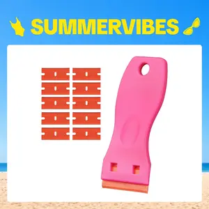 GOO GOO Tape Remover Scraper Tool Plastic Razor Blade Scraper with 10 Orange Replacement Blades, Hot Pink Plastic Scraper for Tape in Extensions, Effectively Removes Tape Residue#Summervibes