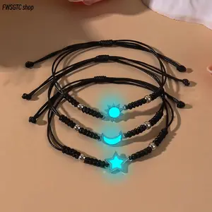 Gentle luminous European celestial charm bracelet 3-piece set, featuring adjustable woven sun, moon and star bangles. Unisex and stackable, it’s perfect matching costume jewelry for daily wear and couples styling.