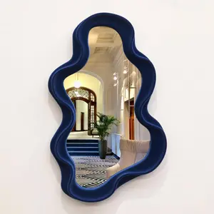J.C Irregular Wall Mirror Living Room Decor, Decorative Wavy Funky Mirrors with Flocking Touch, Modern Asymmetrical Mirror for Hallway Entryway Staircase Bathroom Bedroom (Dark Blue)