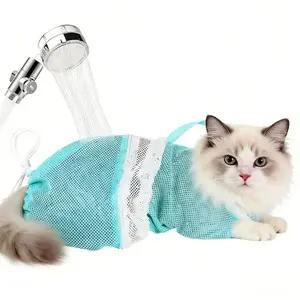 1PC Cat Bathing and Grooming Kit, with breathable mesh protective bag to prevent biting and scratching, adjustable zipper design, detachable, suitable for pet cats' bathing, nail trimming, and medication administration operations.