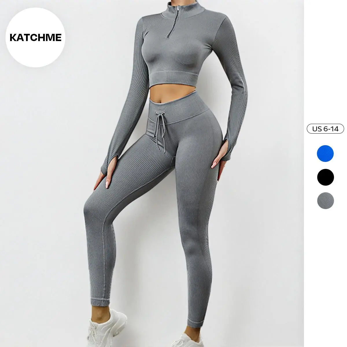 KatchMe Womenswear Athletic Round Neck Zipper Crop Top & Yoga Shaping Pants Co-ord,Butt-Lifting Shapewear,Long Sleeve Top & High Waist Leggings Set